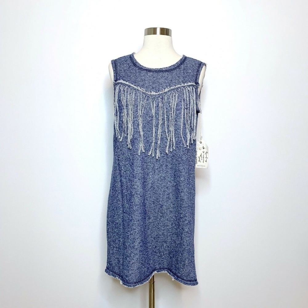 Cousin Earl Dress‎ Women XS Blue Terry Cloth Sleeveless Fringe Chest Detail NWT